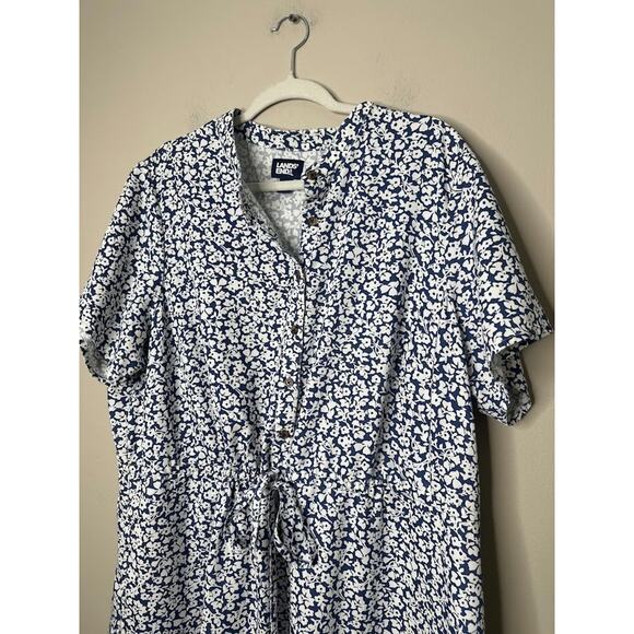 Lands End Dress 1X Blue White Floral Tie Cinched Waist Coastal Preppy Button - Picture 2 of 10